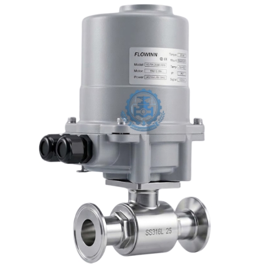 Van Bi 2 Thân Inox 304 Nối Clamp Đóng Mở Khí Nén Tuyến Tính 4-20ma