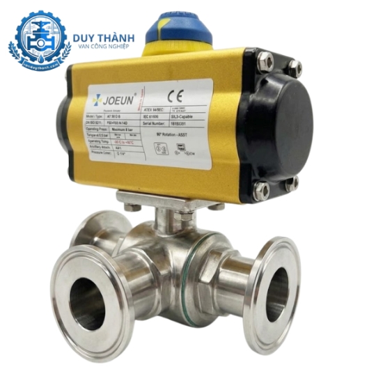 Van Bi 3 Ngả Chữ T Inox 316 Nối Clamp Đóng Mở Khí Nén On-off