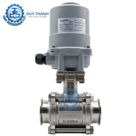 Van Bi 3 Thân Inox 316 Nối Clamp Điều Khiển Điện Dc24v