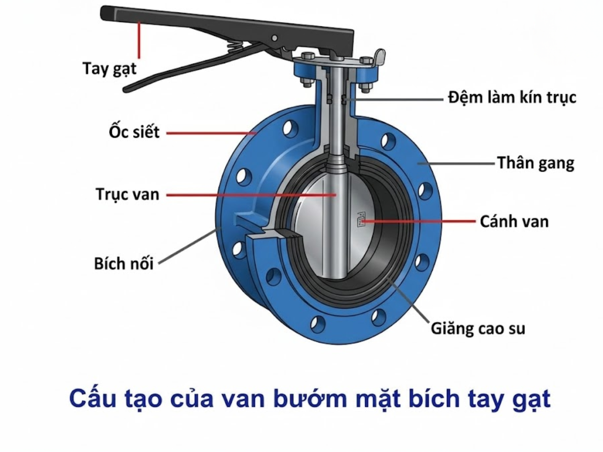 Cấu tạo chi tiết của van bướm tay gạt mặt bích 