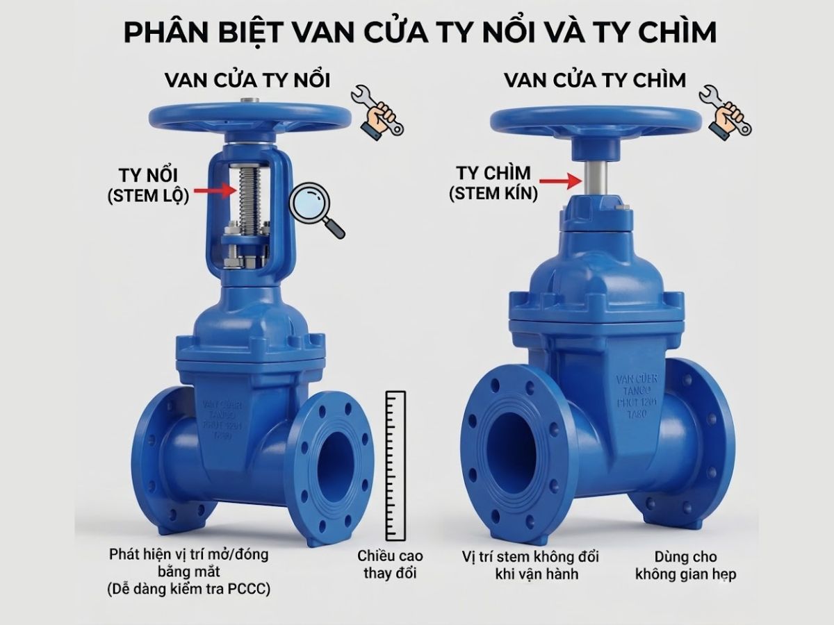 Phân biệt van cổng ty nổi và ty chìm